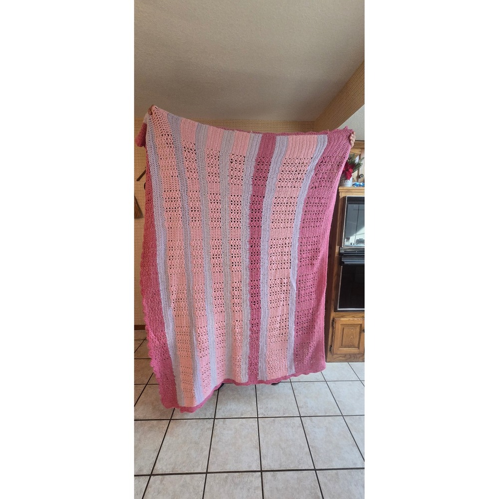 Vintage Handmade Crochet Striped Blanket Pink Lavender Boho Cottagecore Throw